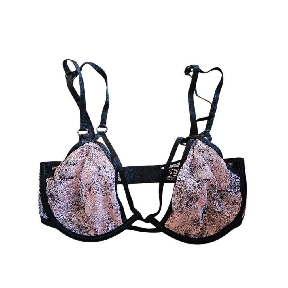 Victoria Secret Sz 34DD pink black floral mesh luxe Strappy  bra